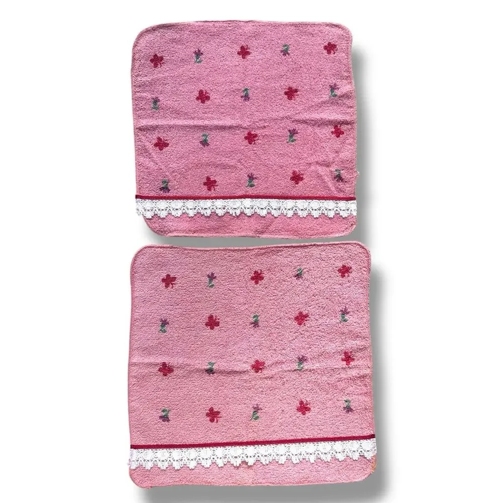 Vtg Dundee Brand Lace Trim Pink Face Cloth Cotton Floral Butterfly Cottage New